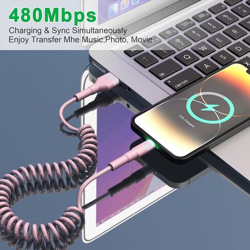 كابل iPhone Lightning ملفوف [معتمد من MFi]، كابل Apple CarPlay مع مزامنة البيانات، كابل شاحن iPhone قصير ملفوف للسيارة، وردي in Saudi Arabia