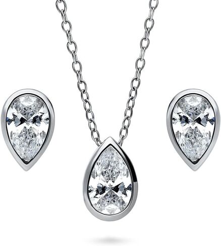 Berricle Sterling Silver Solitaire oozel مجموعة الكمثرى قطع الزركونيا CZ CZ قلادة وأقراط مجموعة للنساء ، مطلي روديوم in Saudi Arabia