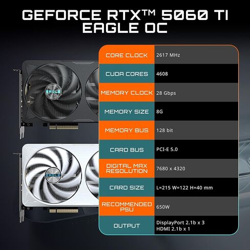 GIGABYTE GeForce RTX 5060 Ti Gaming OC 8G Graphics Card, 8GB 128-bit GDDR7, PCIe 5.0, WINDFORCE Cooling System, GV-N506TGAMING OC-8GD Video Card in Kuwait