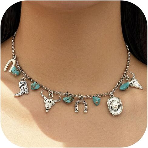 Western Necklaces for Women Vintage Turquoise Choker Necklace Cowgirl Hat Boot Ox-Head Cactus Horse Hoof Layered Stacked Necklaces Country Concert Cowgirl Dresses Accessories in Saudi Arabia