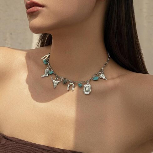 Western Necklaces for Women Vintage Turquoise Choker Necklace Cowgirl Hat Boot Ox-Head Cactus Horse Hoof Layered Stacked Necklaces Country Concert Cowgirl Dresses Accessories in Saudi Arabia