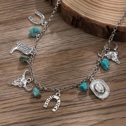 Western Necklaces for Women Vintage Turquoise Choker Necklace Cowgirl Hat Boot Ox-Head Cactus Horse Hoof Layered Stacked Necklaces Country Concert Cowgirl Dresses Accessories in Saudi Arabia