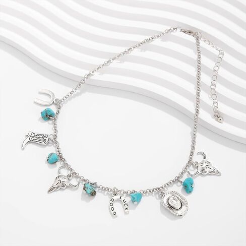 Western Necklaces for Women Vintage Turquoise Choker Necklace Cowgirl Hat Boot Ox-Head Cactus Horse Hoof Layered Stacked Necklaces Country Concert Cowgirl Dresses Accessories in Saudi Arabia