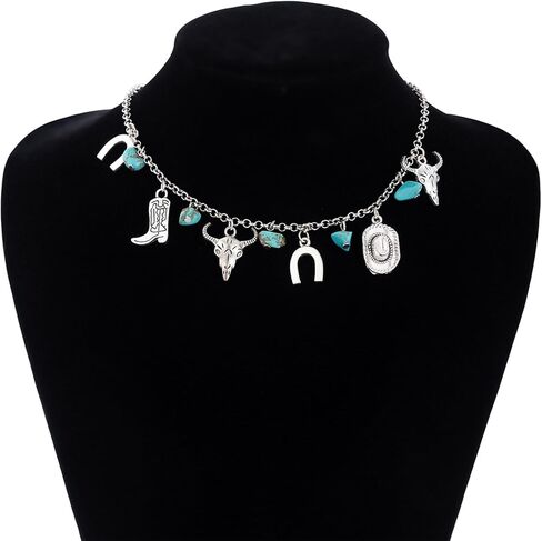 Western Necklaces for Women Vintage Turquoise Choker Necklace Cowgirl Hat Boot Ox-Head Cactus Horse Hoof Layered Stacked Necklaces Country Concert Cowgirl Dresses Accessories in Saudi Arabia