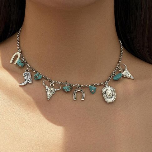 Western Necklaces for Women Vintage Turquoise Choker Necklace Cowgirl Hat Boot Ox-Head Cactus Horse Hoof Layered Stacked Necklaces Country Concert Cowgirl Dresses Accessories in Saudi Arabia