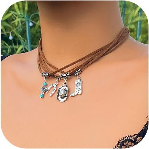 Western Necklaces for Women Vintage Turquoise Choker Necklace Cowgirl Hat Boot Ox-Head Cactus Horse Hoof Layered Stacked Necklaces Country Concert Cowgirl Dresses Accessories in Saudi Arabia