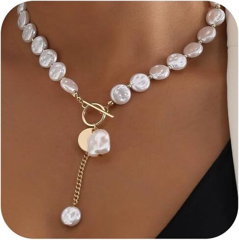 Boho Beaded Irregular Baroque Pearl Choker Necklace for Women Dainty, Trendy Chunky Gold OT Buckle White Pearls Beads Coin Disc Pendant Y Necklaces in Kuwait