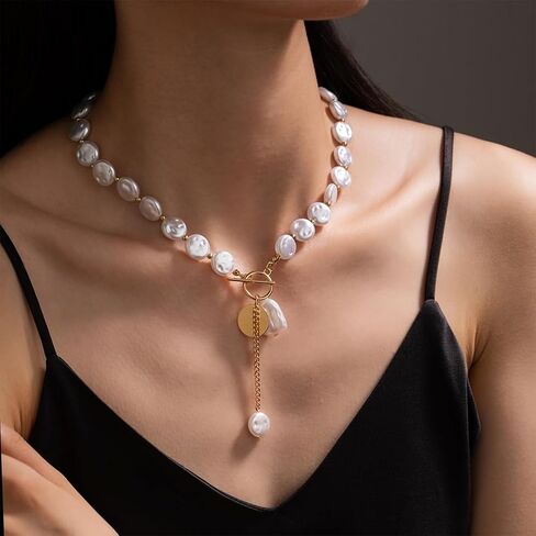 Boho Beaded Irregular Baroque Pearl Choker Necklace for Women Dainty, Trendy Chunky Gold OT Buckle White Pearls Beads Coin Disc Pendant Y Necklaces in Kuwait