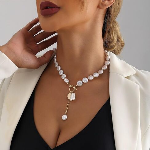 Boho Beaded Irregular Baroque Pearl Choker Necklace for Women Dainty, Trendy Chunky Gold OT Buckle White Pearls Beads Coin Disc Pendant Y Necklaces in Kuwait