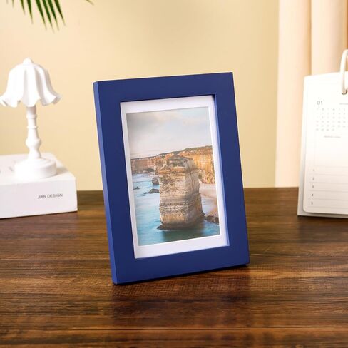 Wyooxoo 4x6 إطار صورة مصنوع من إطار صورة الخشب الصلب صور 3.5x5 مع حصيرة أو 4x6 بدون حصيرة لعرض أعلى أو جدار ، أزرق داكن ، 1 حزمة in Kuwait