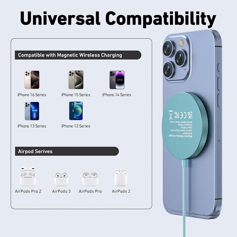 شاحن لاسلكي Magnetic Magnetic Magnetic 15W يتوافق مع Magsafe Charger/iPhone 16/16 Pro/16 Plus/16 Pro Max/iPhone 15 Pro Max Plus/iPhone 14 13 12 ، لوحة شحن آمنة Mag Wireless ، Mag Charger in Kuwait