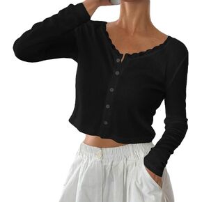 Cioatin Women V Neck Lace Trim Button Down Open Front Pointelle Crop Cardigan Long Sleeve Clean Fit Y2K Minimalist Shirt Tops in Kuwait
