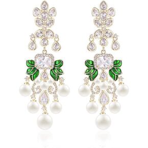 14K Gold Crystal Pearl Chandelier Earrings for Women,Floral Freshwater Pearl and Moissanite Tassel Design Drop Earrings,Fashion Jewelry Gift for Mom,Girlfriend,Wife in Kuwait