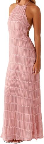 Women Backless Maxi Beach Dress Spaghetti Strap Halter Smocked Long Dress Flowy Vacation Sundress in Kuwait