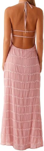 Women Backless Maxi Beach Dress Spaghetti Strap Halter Smocked Long Dress Flowy Vacation Sundress in Kuwait