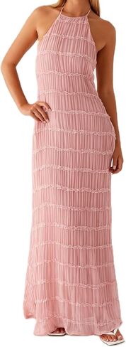 Women Backless Maxi Beach Dress Spaghetti Strap Halter Smocked Long Dress Flowy Vacation Sundress in Kuwait