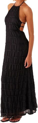 Women Backless Maxi Beach Dress Spaghetti Strap Halter Smocked Long Dress Flowy Vacation Sundress in Kuwait