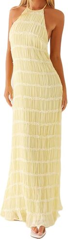 Women Backless Maxi Beach Dress Spaghetti Strap Halter Smocked Long Dress Flowy Vacation Sundress in Kuwait