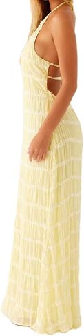 Women Backless Maxi Beach Dress Spaghetti Strap Halter Smocked Long Dress Flowy Vacation Sundress in Kuwait