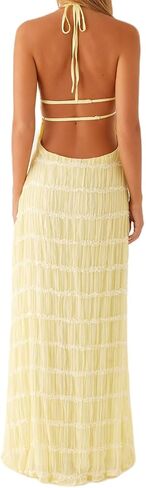Women Backless Maxi Beach Dress Spaghetti Strap Halter Smocked Long Dress Flowy Vacation Sundress in Kuwait
