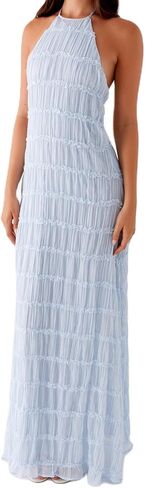 Women Backless Maxi Beach Dress Spaghetti Strap Halter Smocked Long Dress Flowy Vacation Sundress in Kuwait