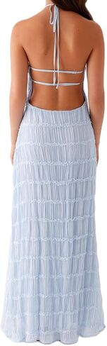 Women Backless Maxi Beach Dress Spaghetti Strap Halter Smocked Long Dress Flowy Vacation Sundress in Kuwait