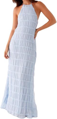 Women Backless Maxi Beach Dress Spaghetti Strap Halter Smocked Long Dress Flowy Vacation Sundress in Kuwait