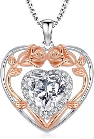 925 Sterling Silver Heart Rose Pendant Necklace with 12 Birthstone Jewelry Birthday Anniversary Mothers Day Christmas Gifts for Her Wife Girlfriend Mom in Saudi Arabia