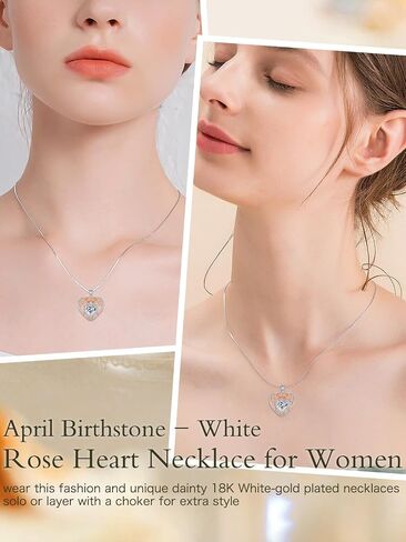 925 Sterling Silver Heart Rose Pendant Necklace with 12 Birthstone Jewelry Birthday Anniversary Mothers Day Christmas Gifts for Her Wife Girlfriend Mom in Saudi Arabia
