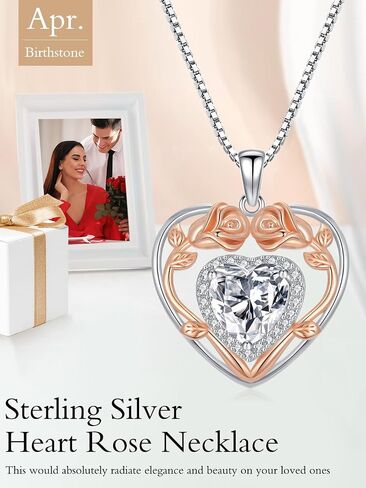 925 Sterling Silver Heart Rose Pendant Necklace with 12 Birthstone Jewelry Birthday Anniversary Mothers Day Christmas Gifts for Her Wife Girlfriend Mom in Saudi Arabia