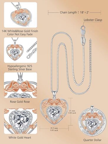 925 Sterling Silver Heart Rose Pendant Necklace with 12 Birthstone Jewelry Birthday Anniversary Mothers Day Christmas Gifts for Her Wife Girlfriend Mom in Saudi Arabia