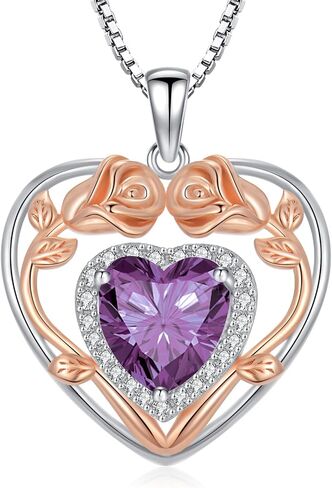 925 Sterling Silver Heart Rose Pendant Necklace with 12 Birthstone Jewelry Birthday Anniversary Mothers Day Christmas Gifts for Her Wife Girlfriend Mom in Saudi Arabia