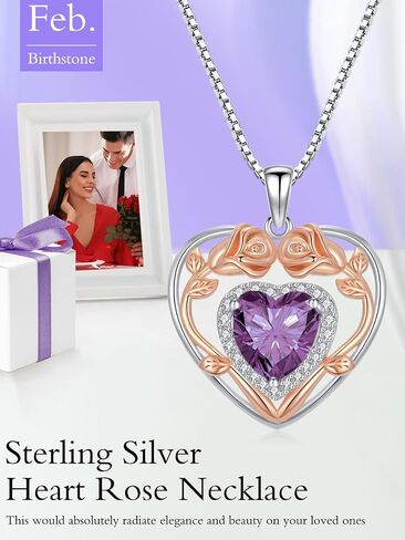 925 Sterling Silver Heart Rose Pendant Necklace with 12 Birthstone Jewelry Birthday Anniversary Mothers Day Christmas Gifts for Her Wife Girlfriend Mom in Saudi Arabia