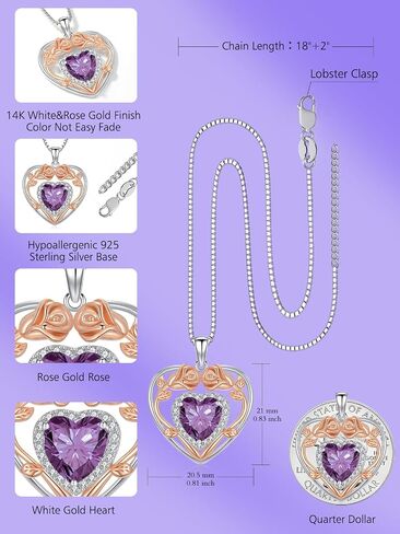 925 Sterling Silver Heart Rose Pendant Necklace with 12 Birthstone Jewelry Birthday Anniversary Mothers Day Christmas Gifts for Her Wife Girlfriend Mom in Saudi Arabia