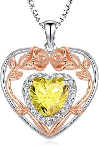 925 Sterling Silver Heart Rose Pendant Necklace with 12 Birthstone Jewelry Birthday Anniversary Mothers Day Christmas Gifts for Her Wife Girlfriend Mom in Saudi Arabia