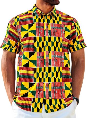 رونكاتي رجال قمصان قصيرة الأكمام زر أسفل النمط الأفريقي التقليدي قميص Dashiki قميص عتيق الأزهار قميص الهبي in Saudi Arabia