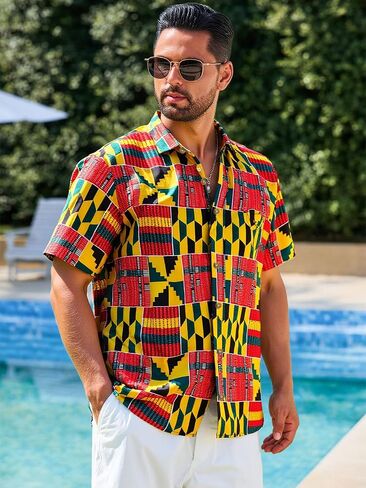 رونكاتي رجال قمصان قصيرة الأكمام زر أسفل النمط الأفريقي التقليدي قميص Dashiki قميص عتيق الأزهار قميص الهبي in Saudi Arabia
