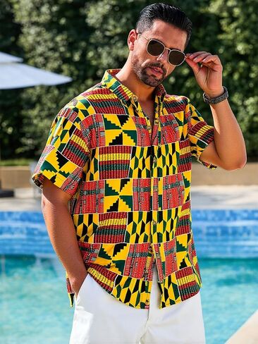 رونكاتي رجال قمصان قصيرة الأكمام زر أسفل النمط الأفريقي التقليدي قميص Dashiki قميص عتيق الأزهار قميص الهبي in Saudi Arabia