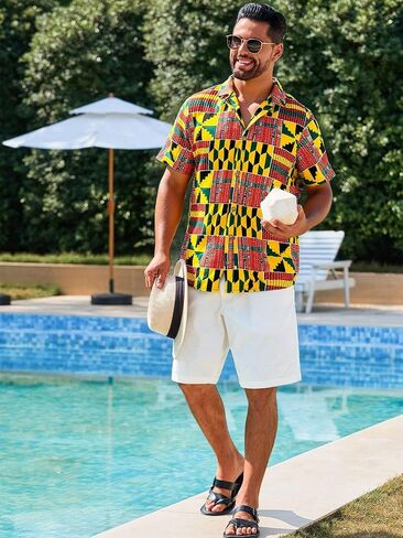 رونكاتي رجال قمصان قصيرة الأكمام زر أسفل النمط الأفريقي التقليدي قميص Dashiki قميص عتيق الأزهار قميص الهبي in Saudi Arabia