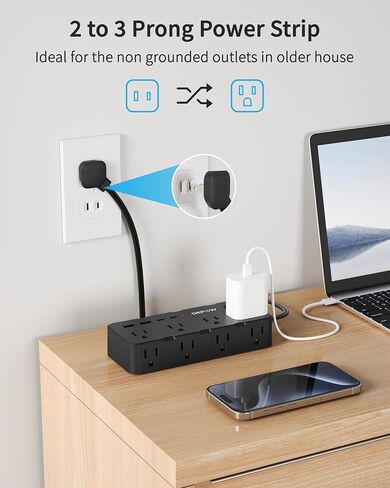 2 Prong Power Strip, 2 to 3 Prong Outlet Adapter with 8 AC & 4 USB Ports (2 USB C), 5FT Extension Cord, 1700J Two Prong Surge Protector, Wall Mountable, Ideal for Old House Non-Grounded Outlets in Kuwait