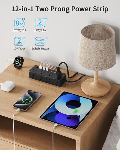 2 Prong Power Strip, 2 to 3 Prong Outlet Adapter with 8 AC & 4 USB Ports (2 USB C), 5FT Extension Cord, 1700J Two Prong Surge Protector, Wall Mountable, Ideal for Old House Non-Grounded Outlets in Kuwait