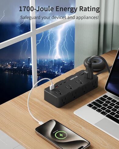 2 Prong Power Strip, 2 to 3 Prong Outlet Adapter with 8 AC & 4 USB Ports (2 USB C), 5FT Extension Cord, 1700J Two Prong Surge Protector, Wall Mountable, Ideal for Old House Non-Grounded Outlets in Kuwait