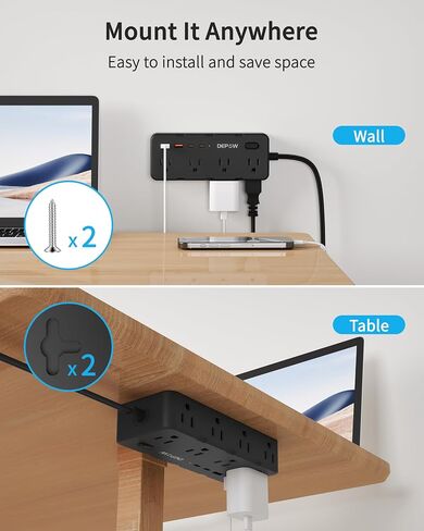 2 Prong Power Strip, 2 to 3 Prong Outlet Adapter with 8 AC & 4 USB Ports (2 USB C), 5FT Extension Cord, 1700J Two Prong Surge Protector, Wall Mountable, Ideal for Old House Non-Grounded Outlets in Kuwait