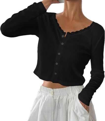 Cioatin Women V Neck Lace Trim Button Down Open Front Pointelle Crop Cardigan Long Sleeve Clean Fit Y2K Minimalist Shirt Tops in Kuwait
