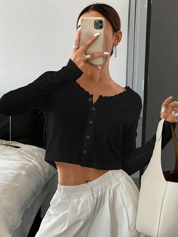 Cioatin Women V Neck Lace Trim Button Down Open Front Pointelle Crop Cardigan Long Sleeve Clean Fit Y2K Minimalist Shirt Tops in Kuwait