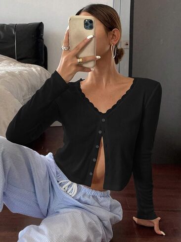 Cioatin Women V Neck Lace Trim Button Down Open Front Pointelle Crop Cardigan Long Sleeve Clean Fit Y2K Minimalist Shirt Tops in Kuwait