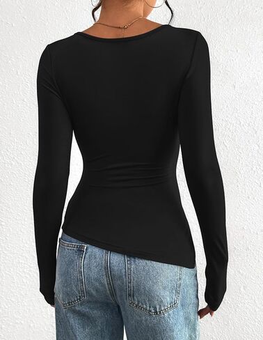 BTFBM قمم غير متماثلة للنساء القمصان طويلة الأكمام خريف 2025 Crewneck Ruched Slit Tees الأساسية الخروج من الأعلى in Kuwait