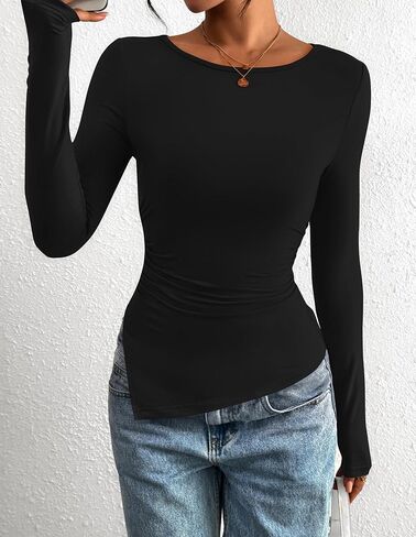 BTFBM قمم غير متماثلة للنساء القمصان طويلة الأكمام خريف 2025 Crewneck Ruched Slit Tees الأساسية الخروج من الأعلى in Kuwait