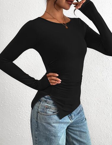 BTFBM قمم غير متماثلة للنساء القمصان طويلة الأكمام خريف 2025 Crewneck Ruched Slit Tees الأساسية الخروج من الأعلى in Kuwait