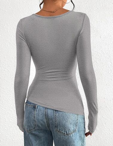 BTFBM Asymmetrical Tops for Women Long Sleeve Shirts Fall 2025 Crewneck Ruched Slit Fitted Basic Tees Going Out Top in Saudi Arabia